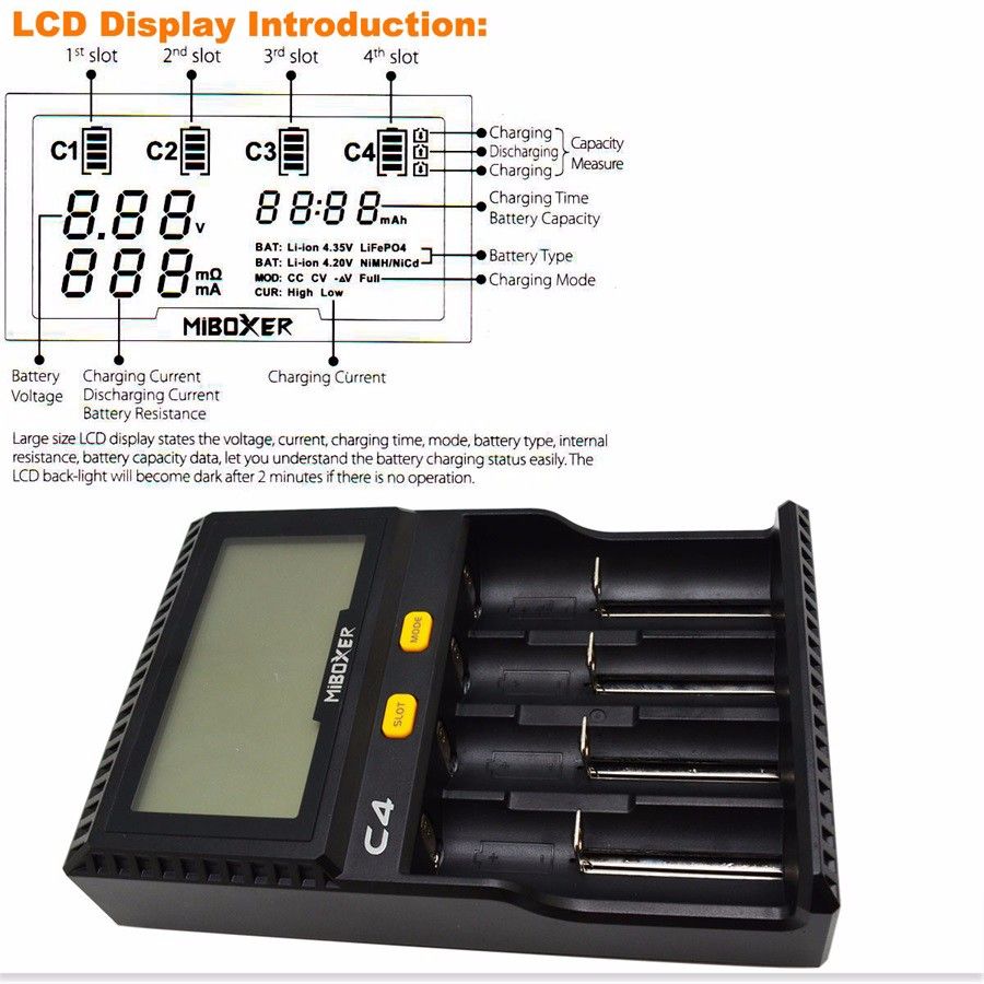 Cargador de baterías universal e inteligente MiBOXER de 4 bahías, pantalla LCD Automática, carga rápida Li-Ion LiFePO4 Ni-MH Ni-CD AA AAA C