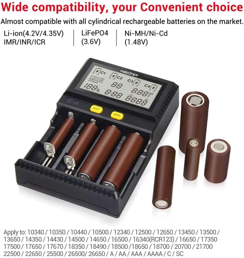 Cargador de baterías universal e inteligente MiBOXER de 4 bahías, pantalla LCD Automática, carga rápida Li-Ion LiFePO4 Ni-MH Ni-CD AA AAA C
